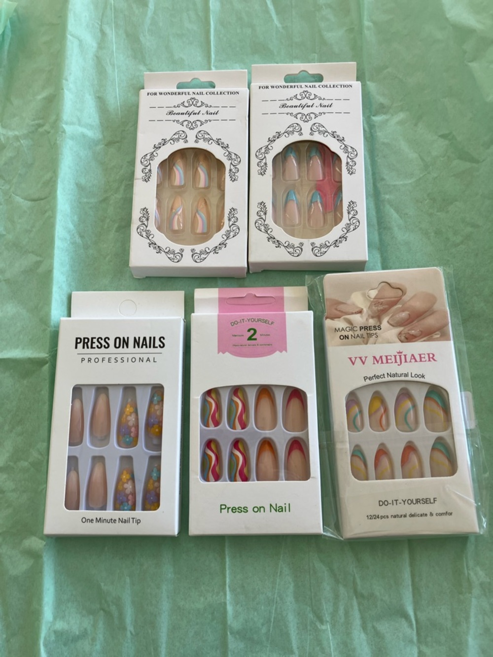 Colorful Wave & Neutral Press-On Nails - Assorted Pink, Blue, Yellow